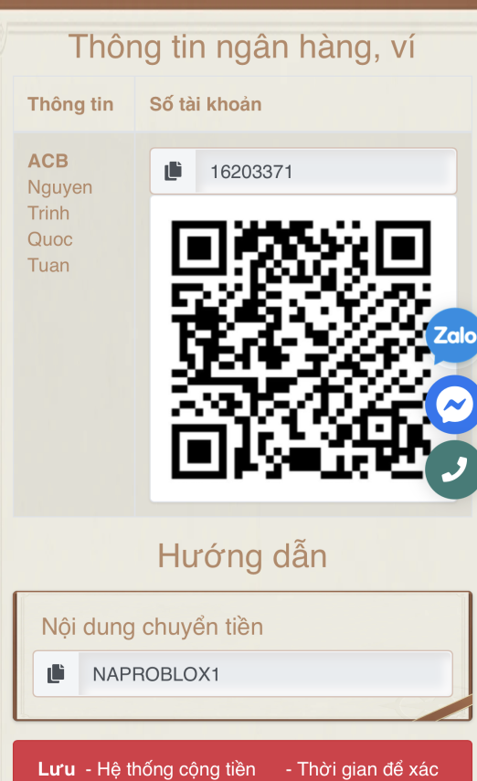 Hướng dẫn nạp tiền vào web shop roblox bằng cách chuyển khoản (ngân hàng, ví momo)