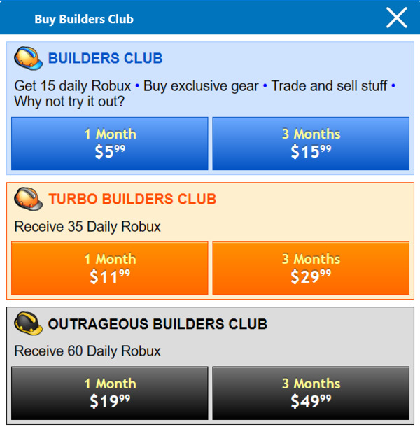 Builders Club có rất nhiều gói