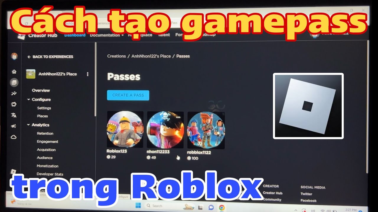 Cách tạo GamePass trong Roblox trên máy tính